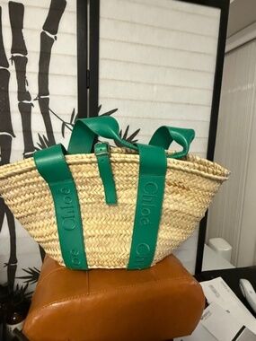 Chloe Sense Medium Raffia Handbag with Green Handles